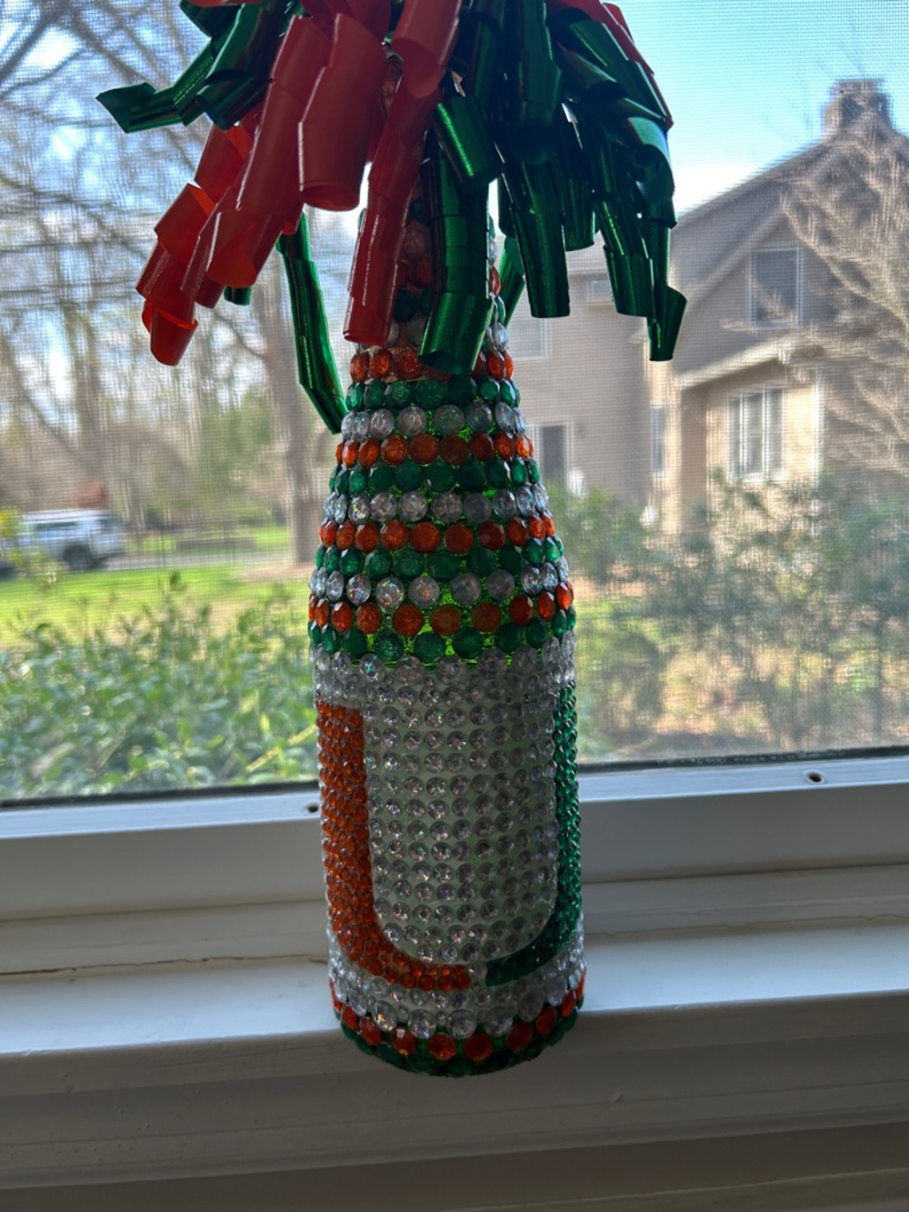 Embellished Beaded University of Miami Bottle Decor in Green, Orange & Clear